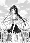  1girl breasts city cityscape cloud day floating_hair greyscale long_hair looking_at_viewer looking_back miniskirt moekon monochrome original outdoors parted_lips railing school_uniform shirt short_sleeves skirt sky small_breasts solo standing very_long_hair wind 