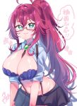  1girl :p ahoge black-framed_eyewear black_skirt blue_bra blue_shirt blush bolo_tie bra breasts breasts_out closed_mouth cowboy_shot crossed_bangs gem glasses green_eyes green_gemstone hair_between_eyes high_ponytail highres kimi_no_koto_ga_dai_dai_dai_dai_daisuki_na_100-nin_no_kanojo large_breasts long_hair looking_at_viewer miniskirt mole mole_on_breast navel open_clothes open_shirt pleated_skirt ponytail rectangular_eyewear red_hair rinne_(mizunosato) shiny_skin shirt signature skirt solo speech_bubble stomach suspenders tongue tongue_out underwear very_long_hair white_background yakuzen_kusuri 