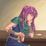  1girl bandana blue_eyes cape cup dated earrings faris_scherwiz final_fantasy final_fantasy_v green_bandana green_cape head_rest highres holding holding_cup indoors jewelry long_hair looking_up moneysakamoto plate purple_hair sleeveless smile solo table teeth twitter_username upper_body wristband 