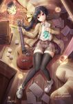  1girl acoustic_guitar black_hair black_thighhighs book brown_cardigan cardigan carpet collared_shirt dress_shirt english_text fii_fii_(feefeeowo) full_body grey_skirt guitar hair_ornament hair_ribbon hairclip happy_birthday highres holding holding_instrument holding_paper indoors instrument kerosene_lamp lens_flare light_blush light_particles long_hair looking_to_the_side lying nagase_yuka on_back on_floor open_cardigan open_clothes paper pile_of_books pillow print_shirt red_eyes ribbon riot_music sheet_music shirt shoes side_ponytail sidelocks skirt smile sneakers thighhighs virtual_youtuber white_footwear white_shirt wooden_floor yellow_ribbon 