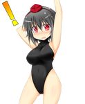  1girl armpits arms_up black_hair black_swimsuit breasts hat highres large_breasts looking_at_viewer one-piece_swimsuit open_mouth red_eyes shameimaru_aya short_hair smile solo swimsuit tokin_hat touhou transparent_background us2s 