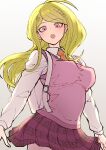  1girl :o absurdres ahoge akamatsu_kaede backpack bag blonde_hair breasts collared_shirt cowboy_shot danganronpa_(series) danganronpa_v3:_killing_harmony grey_shirt hair_ornament highres large_breasts long_hair long_sleeves miniskirt musical_note musical_note_hair_ornament musical_note_print necktie orange_necktie pink_eyes pink_skirt pink_sweater_vest pleated_skirt shirt skirt solo sweater_vest teeth upper_teeth_only youko-shima 