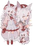  1girl :3 ;d ahoge animal_ear_fluff animal_ears bag beret bow bright_pupils chibi chibi_inset color_guide commission cropped_jacket cross-shaped_pupils diamond-shaped_pupils diamond_(shape) dress floral_print fox_ears fox_girl fox_tail full_body grey_background hair_bow hair_petal hand_up hat holding holding_bag jacket kasa_(hitori_sanka) kneehighs loafers long_hair looking_at_viewer multiple_views neckerchief one_eye_closed open_clothes open_jacket open_mouth original pink_jacket red_eyes red_footwear red_hat red_neckerchief shoes sidelocks simple_background skeb_commission smile socks sparkle standing symbol-shaped_pupils tail two-tone_background v wavy_hair white_background white_dress white_hair white_pupils white_socks wide_sleeves 