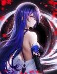  1girl acheron_(honkai:_star_rail) bare_back bare_shoulders breasts commentary crying crying_with_eyes_open earrings gigamessy highres honkai:_star_rail honkai_(series) jewelry large_breasts long_hair looking_at_viewer purple_eyes purple_hair solo tears upper_body very_long_hair 