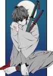  1boy barefoot command_spell fate/samurai_remnant fate_(series) greyscale hakama highres hugging_object hugging_own_legs japanese_clothes katana kimono knee_up miyamoto_iori_(fate) monochrome moon outside_border partially_colored seikoukaze12 sheath sheathed simple_background sitting solo sword topknot weapon 