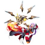  2girls absurdres blonde_hair bodysuit braid breasts cape coat cosmic_break cosmic_break_2 fire floating floating_object floating_weapon gun highres hood hood_up jikun_long kicking large_breasts leg_armor long_sleeves mecha_musume multiple_girls official_art open_mouth pointing_gun ponytail purple_hair red_eyes smile thighs wakaba_sprout weapon ximumao yellow_eyes 