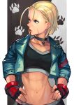  1girl abs blonde_hair blue_eyes cammy_white choker cropped_jacket hand_on_own_hip hinoru_saikusa looking_to_the_side midriff scar scar_on_face short_hair solo sports_bra street_fighter street_fighter_6 