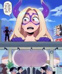  1girl against_glass aroused_nosebleed blonde_hair blood blush bodysuit boku_no_hero_academia breast_press breasts crying crying_with_eyes_open giant giantess highres kamui_woods long_hair mask mount_lady multiple_boys nosebleed open_mouth red_eyes size_difference speedoru streaming_tears tears teeth upper_teeth_only 