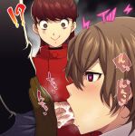  !? 1girl 2boys :&gt; @_@ akechi_gorou amamiya_ren black_shirt blush brown_hair commentary_request cum eyelashes fellatio from_side gloves glowing_pupils hair_between_eyes heart heart-shaped_pupils highres hypnosis large_penis mind_control multiple_boys oral penis persona persona_5 profile red_eyes red_hair shirt short_hair sound_effects speech_bubble spoken_heart steam symbol-shaped_pupils teba_motoko translation_request veins veiny_penis voyeurism wide-eyed yaoi yoshizawa_kasumi 