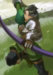  1boy armor boots bow_(weapon) cloak commentary_request green_cloak green_footwear green_hair holding holding_bow_(weapon) holding_weapon male_focus noki_(affabile) on_grass outdoors pauldrons red_eyes rolf_(unicorn_overlord) scale_armor shoulder_armor single_pauldron solo unicorn_overlord weapon 