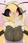  2024 anthro arthropod bee big_breasts biped black_body blonde_hair blossom_(thousandfoldfeathers) boop breasts cleavage clothed clothing female fur hair hi_res hymenopteran insect non-mammal_breasts nose_boop red_eyes solo thousandfoldfeathers yellow_body yellow_fur 