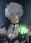  1boy absurdres bishounen black_gloves blue_eyes chihuahuarien closed_mouth coat english_commentary floating gloves glowing highres honkai_(series) honkai_impact_3rd kevin_kaslana long_sleeves male_focus rain short_hair smile solo upper_body white_coat white_hair 
