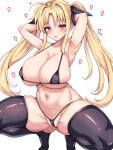  1boy 1girl absurdres armpits bikini black_bikini black_ribbon black_thighhighs blonde_hair blush breasts cleavage collarbone fate_testarossa hair_ribbon highres huge_breasts large_breasts long_hair looking_at_viewer lyrical_nanoha mahou_shoujo_lyrical_nanoha micro_bikini mitomumitomu open_mouth presenting_armpit red_eyes ribbon solo spread_legs squatting swimsuit thighhighs twintails 