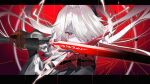  1girl acheron_(honkai:_star_rail) black_gloves commentary_request gloves hair_intakes hair_over_one_eye holding holding_sword holding_weapon honkai:_star_rail honkai_(series) katana letterboxed long_hair looking_at_viewer official_alternate_color red_eyes solo srpzk sword upper_body weapon white_hair 