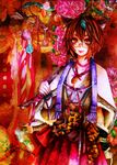  animal_ears arrow brown_hair daruma_doll flower futatsuiwa_mamizou glasses hakama highres japanese_clothes jewelry kido_(choushouya) leaf leaf_on_head necklace obi pearl raccoon_ears red_hakama ribbon sash short_hair smile snake tassel touhou traditional_media watercolor_(medium) yellow_eyes 