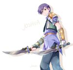  1boy arm_guards armor cropped_jacket dual_wielding eiyuu_densetsu english_text holding holding_sword holding_weapon joshua_bright looking_at_viewer pauldrons purple_hair shadow short_sleeves shoulder_armor simple_background single_pauldron smile solo sora_no_kiseki sword weapon white_background xiacheng_tatsuya yellow_eyes 