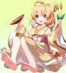  1girl barefoot character_request copyright_request cup gradient_background hair_rings highres holding_wheat inaba_mob_(touhou) japanese_clothes kimono long_sleeves orange_eyes ruu_(tksymkw) sakazuki short_hair soles solo touhou wheat wide_sleeves yellow_kimono 