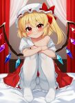  1girl arm_rest arms_on_knees ascot blonde_hair blush commentary_request crossed_arms crystal daichi_(tokoya) flandre_scarlet frilled_skirt frills full_body hair_ribbon hat hat_ribbon highres indoors knees_together_feet_apart legs long_hair medium_hair off_shoulder on_bed panties panties_under_pantyhose pantyhose red_eyes red_ribbon red_skirt red_vest ribbon shirt side_ponytail single_bare_shoulder sitting skirt smile solo thighs touhou underwear upskirt vest white_shirt wings yellow_ascot 