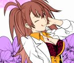  1girl blush bra breasts brown_hair dr._arach floral_background highres lab_coat lace lace_bra large_breasts long_hair looking_at_viewer metarogu non-web_source official_art orange_vest tongue tongue_out tsukihime tsukihime_(remake) underwear vest white_background 