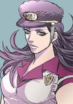  atsuyu bad_id bad_pixiv_id breasts cleavage green_eyes hat highres jojo_no_kimyou_na_bouken jojolion long_hair medium_breasts nijimura_kyou purple_hair solo 