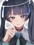  1girl absurdres ado_(utaite) black_bow black_bowtie black_choker black_hair blue_eyes blue_flower blue_ribbon blue_rose blue_shirt blunt_bangs blush bow bowtie chando_(ado) choker choppy_bangs closed_mouth cloud_nine_inc commentary darling_dance_(vocaloid) flower flower_brooch hair_ribbon halo heart heart-shaped_pupils highres long_hair long_sleeves mole mole_under_eye o-ring o-ring_choker outline ribbon rose shirt solo symbol-shaped_pupils tsukuno_tsuki upper_body utaite white_outline 