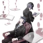 2boys armchair baseball_cap black_hat black_jacket black_pants black_sleeves black_suit blood blood_stain blue_hair blue_necktie book buttons chair coattails collared_jacket collared_shirt commentary_request cowboy_shot danganronpa_(series) danganronpa_v3:_killing_harmony dated dual_persona eyelashes footprints from_behind hat head_tilt holding holding_book jacket layered_sleeves leaning_back long_sleeves male_focus multiple_boys necktie on_chair open_book pants pinstripe_jacket pinstripe_pants pinstripe_pattern reading saihara_shuichi school_uniform shirt short_hair signature simple_background sitting striped_necktie suit u_u_ki_u_u white_background white_shirt yellow_eyes 