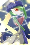  1girl bare_shoulders blue_background blue_hat bob_cut cabbie_hat closed_mouth clothed_pokemon collarbone colored_skin commentary_request dress flat_chest from_side gardevoir gardevoir_(cafe) green_hair green_skin hair_over_one_eye happy hat highres looking_at_viewer multicolored_skin one_eye_covered partial_commentary pocket pokemon pokemon_(creature) pokemon_unite red_eyes short_hair smile solo split_mouth spotlight standing two-tone_dress two-tone_skin white_skin yanagi_(pixiv_36748322) yellow_dress 