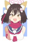  1girl absurdres animal_ears black_hair blue_archive blush brown_eyes eyeshadow fox_ears fox_girl fox_hair_ornament gazacy_(dai) halo highres izuna_(blue_archive) looking_at_viewer makeup open_mouth pink_eyeshadow scarf short_hair sketch smile solo upper_body 