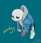  1boy black_shorts blue_jacket english_text guangchenren hands_in_pockets hood hooded_jacket jacket open_clothes open_jacket pink_footwear sans shirt shorts signature simple_background skeleton slippers smug socks teeth undertale white_shirt white_socks 