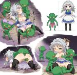  1girl apron arms_up black_thighhighs bound bound_wrists bow bra braid breast_sucking breasts colored_skin cowgirl_position cum cum_in_pussy cum_on_clothes doggystyle futa_(nabezoko) gangbang goblin green_bow green_skin grey_hair groping group_sex izayoi_sakuya large_ears maid maid_apron maid_headdress mounting multiple_boys multiple_views nipples object_on_head open_clothes open_shirt panties panties_on_head panty_mask purple_bra purple_panties rape restrained sex sex_from_behind straddling thighhighs touhou twin_braids underwear undressing waist_apron 