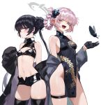  2girls :d bare_shoulders black_coat black_dress black_gloves black_hair black_shorts black_thighhighs blue_archive blunt_bangs braid china_dress chinese_clothes coat commentary cosplay costume_switch cowboy_shot crop_top dress fang foolish_potato gloves grey_eyes grey_hair hair_bun highres kisaki_(blue_archive) kisaki_(blue_archive)_(cosplay) long_hair looking_at_viewer midriff multiple_girls nanakusa_nazuna_(yofukashi_no_uta) nanakusa_nazuna_(yofukashi_no_uta)_(cosplay) navel off_shoulder open_fly open_mouth pelvic_curtain short_shorts shorts simple_background sleeveless sleeveless_dress smile standing stomach thigh_strap thighhighs thighs twintails very_long_hair white_background yofukashi_no_uta 