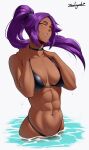  1girl abs bikini black_bikini black_choker bleach blush breasts choker collarbone dark-skinned_female dark_skin hands_on_shoulders highleg highleg_bikini highres large_breasts long_hair looking_at_viewer navel parted_bangs parted_lips partially_submerged ponytail purple_hair shihouin_yoruichi signature smile solo stomach swimsuit toned water wet white_background yellow_eyes zealyush 