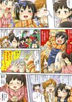  3girls blush bottle braid comic glass have_to_pee highres itou_shiori katou_mayumi mitsudomoe multiple_boys multiple_girls ogata_airi satou_shin'ya translation_request twin_braids veggie 