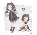  1girl animal_ear_fluff animal_ears between_legs black_eyes black_hair black_jacket black_socks blush brown_footwear brown_skirt chibi closed_mouth collared_shirt commentary_request dog_ears dog_tail double_v full_body grey_background grey_eyes hand_between_legs highres hood hood_down hooded_jacket jacket jitome long_sleeves looking_at_viewer multiple_views neck_ribbon open_clothes open_jacket original plaid plaid_skirt pleated_skirt ribbon shirt shoes short_hair signature simple_background sitting skirt sleeves_past_wrists smile sneakers socks tail uzoumuzo v wariza white_shirt 