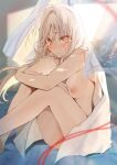  1girl :t backlighting blanket blurry blurry_foreground blush breasts curtains highres hugging_own_legs long_hair looking_at_viewer medium_breasts nipples noyama_(noyama8888) nude on_bed open_window original pout sitting solo sunlight sweat tears textless_version white_hair wind window yellow_eyes 