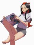  1girl alternate_costume bare_legs barefoot black_hair carmine_(pokemon) character_print commentary_request echizen_(n_fns17) eyelashes feet foot_out_of_frame grey_shorts highres holding holding_magazine invisible_chair knee_up legs long_hair looking_at_viewer magazine_(object) multicolored_hair nessa_(pokemon) parted_lips pokemon pokemon_sv red_hair shirt short_shorts short_sleeves shorts simple_background sitting soles solo t-shirt toes two-tone_hair white_background yellow_eyes 