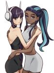  2girls alternate_costume black_shirt black_skirt blunt_bangs commentary_request dark-skinned_female dark_skin echizen_(n_fns17) elesa_(pokemon) from_side grey_shirt grey_skirt hand_on_another&#039;s_back hand_on_another&#039;s_shoulder hand_up headphones long_hair looking_at_viewer matching_outfits multiple_girls nessa_(pokemon) pokemon pokemon_bw2 pokemon_swsh ponytail shirt sidelocks simple_background skirt sleeveless sleeveless_shirt white_background 