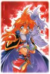  1990s_(style) 1girl amulet araizumi_rui armor belt cape cowboy_shot dark_persona gloves grin headband highres lina_inverse long_hair looking_at_viewer non-web_source official_art painting_(medium) pauldrons red_eyes red_hair retro_artstyle short_sleeves shoulder_armor slayers smile traditional_media watercolor_(medium) white_gloves 