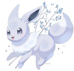  :d alternate_color animal_focus artist_name branch commentary eevee flower grey_eyes grey_fur highres iwasi_29 no_humans open_mouth pokemon pokemon_(creature) shiny_pokemon simple_background smile sparkle symbol-only_commentary tail twitter_username white_background 