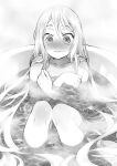  1girl bathing bathtub blush closed_mouth collarbone commentary_request completely_nude covering_breasts covering_privates embarrassed greyscale hair_between_eyes long_hair looking_at_viewer moekon monochrome nude original partially_submerged sitting solo steam very_long_hair water wavy_mouth 