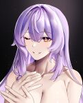  1girl absurdres black_background black_swan_(honkai:_star_rail) breasts collarbone commentary_request grin hair_between_eyes highres honkai:_star_rail honkai_(series) korean_commentary long_hair looking_at_viewer nude one_eye_closed out-of-frame_censoring purple_hair pyeong-il_pyeongil smile solo upper_body very_long_hair yellow_eyes 
