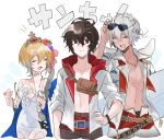  1girl 2boys :d adjusting_eyewear ahoge belt blonde_hair blue_cape bracelet breasts brown_hair cape closed_eyes cowboy_shot europa_(granblue_fantasy) expressionless eyewear_on_head fanny_pack flower gradient_hair granblue_fantasy hair_between_eyes hair_flower hair_ornament hand_on_own_hip highres holding holding_surfboard hood hood_down jacket jewelry laughing light_frown lucio_(granblue_fantasy) medium_breasts messy_hair multicolored_hair multiple_boys necklace official_alternate_costume open_clothes open_jacket red_eyes sandalphon_(granblue_fantasy) simple_background smile surfboard tan tiara translation_request white_hair white_wings wings yakota_(usuk-yako) 