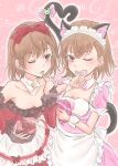  2girls absurdres alternate_costume animal_ears apron blush bow breasts brown_eyes brown_hair cat_ears cat_tail chocolate cleavage clone collarbone detached_collar dress enmaided food gekota happy_valentine highres holding holding_chocolate holding_food komemogoo long_sleeves looking_at_viewer maid maid_apron maid_headdress misaka_imouto misaka_mikoto multiple_girls off-shoulder_dress off_shoulder official_alternate_costume one_eye_closed open_mouth outline pink_background pink_dress red_bow red_dress short_hair short_sleeves siblings side_part sisters small_breasts tail toaru_majutsu_no_index upper_body white_outline 
