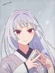  1girl closed_mouth commentary dated grey_background highres japanese_clothes kimono kurokawa_akane long_hair long_sleeves looking_at_viewer nara_(menosora) official_alternate_costume oshi_no_ko purple_kimono red_eyes solo steepled_fingers upper_body white_hair 