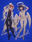  2girls :d absurdres angel angel_and_devil azazel_(helltaker) black_necktie black_pants blue_background blue_eyes demon_girl demon_tail dual_persona eyewear_on_head full_body gloves halo helltaker highres lab_coat long_hair looking_at_viewer loremaster_(helltaker) low_wings multiple_girls necktie noah_(tettsui-sole) open_mouth pants ponytail red_eyes red_shirt shirt short_sleeves smile spoilers sunglasses tail white_gloves white_halo white_pants white_shirt white_wings wings 