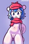 belly blue_hair blush butt_from_the_front clothing disfigure female freckled_belly freckles freckles_on_face genitals hair hat headgear headwear hi_res looking_down mammal mostly_nude navel nicole_(disfigure) nude pussy rodent scarf scarf_only sciurid signature solo tree_squirrel