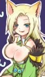  1girl :p animal_ears blonde_hair blue_eyes blush body_blush breasts cat_ears cleavage closed_mouth collar colored_eyelashes commentary_request cowboy_shot detached_collar dress elemental_master_(ragnarok_online) fur-trimmed_dress fur_trim green_brooch green_dress heart heart-shaped_pupils large_breasts lips long_bangs long_hair magatama outline parted_bangs purple_background ragnarok_online shiny_skin smile solo strapless strapless_dress suzunono symbol-shaped_pupils tongue tongue_out white_collar white_outline 