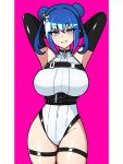  1girl armpits arms_behind_head blue_hair breasts chest_belt cowboy_shot double_bun duel_monster evil_twin_lil-la grey_eyes hair_bun highres horiguchiaoi large_breasts lil-la_(yu-gi-oh!) looking_at_viewer official_alternate_costume pink_background short_hair smile two-tone_background white_background yu-gi-oh! 