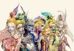  angel_wings ascot blonde_hair cape cefca_palazzo clown crying dagger demon_wings eyelashes facepaint feathers final_fantasy final_fantasy_vi laughing long_hair makeup multiple_boys multiple_persona pauldrons peacock_feathers ponytail smile sunglasses weapon white_hair wings yellow_sclera yojohann 