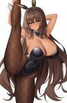  1girl animal_ears armpits arms_up bare_arms bare_shoulders black_bow black_bowtie black_leotard bow bowtie breasts brown_hair brown_pantyhose cleavage closed_mouth detached_collar fake_animal_ears goddess_of_victory:_nikke large_breasts leotard long_hair noir_(nikke) pantyhose playboy_bunny rabbit_ears simple_background solo split standing standing_on_one_leg standing_split thighs wei_xiao white_background wrist_cuffs yellow_eyes 